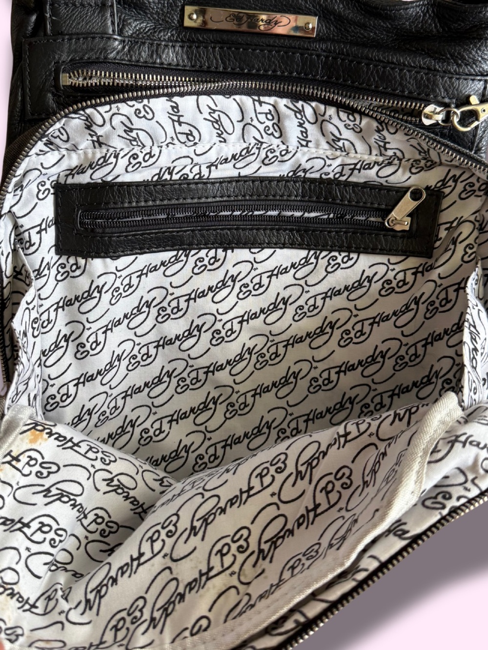 Ed Hardy Love Is A Gamble Black Denim Leather Saddle Crossbody Bag Y2K - Picture 8 of 9
